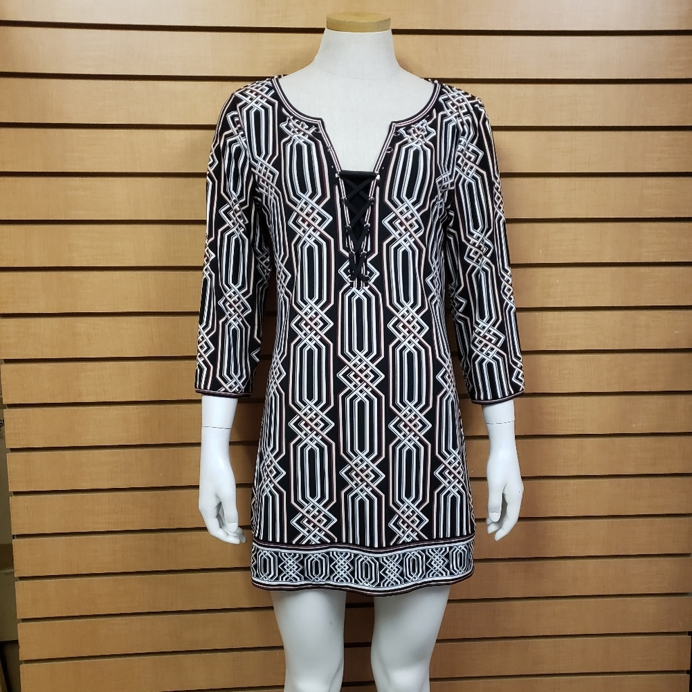 WHBM Sheath Dress M Lace Up Neck Geometric Print 3/4 Sleeve Black White